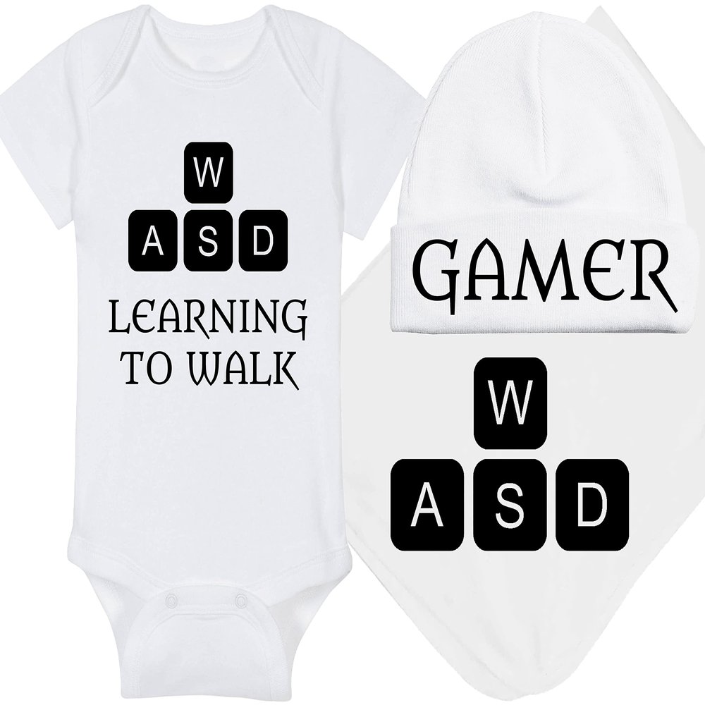 Gaming Baby Onesie and Bib - Learning To Walk WASD - WASD Keys (6-12 Month - White Fabric - Black Design)