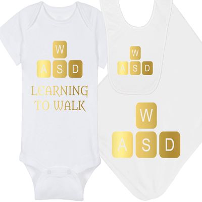 Gaming Baby Onesie and Bib - Learning To Walk WASD - WASD Keys (0-3 Month - White Fabric - Gold Design)