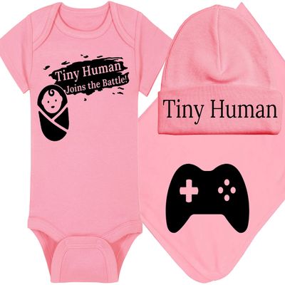 Gaming Baby Onesie and Bib - Tiny Human Joins The Battle - Game Controller (0-3 Month - Pink Fabric - Black Design)