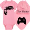 Gaming Baby Onesie and Bib - Tiny Human Joins The Battle - Game Controller (0-3 Month - Pink Fabric - Black Design) view 1
