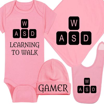 Gaming Baby Onesie and Hat - Learning To Walk WASD - Gamer (0-3 Month - Pink Fabric - Black Design)