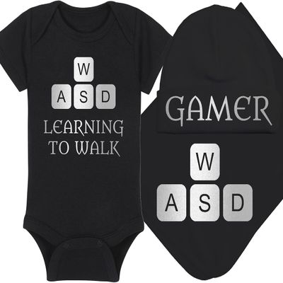 Gaming Baby Onesie and Bib - Learning To Walk WASD - WASD Keys (6-12 Month - Black Fabric - Silver Design)