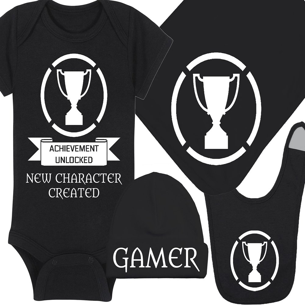 Gaming Baby Onesie and Bib - Achievement Unlocked New Character Created - Achievement Trophy (3-6 Month - Black Fabric - White Design)