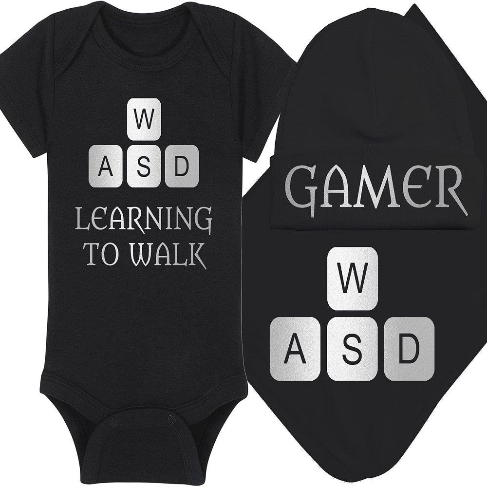 Gaming Baby Onesie and Bib - Learning To Walk WASD - WASD Keys (3-6 Month - Black Fabric - Silver Design)