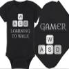 Gaming Baby Onesie and Bib - Learning To Walk WASD - WASD Keys (3-6 Month - Black Fabric - Silver Design) view 1