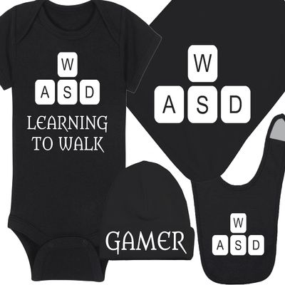 Gaming Baby Onesie and Bib - Learning To Walk WASD - WASD Keys (6-12 Month - Black Fabric - White Design)