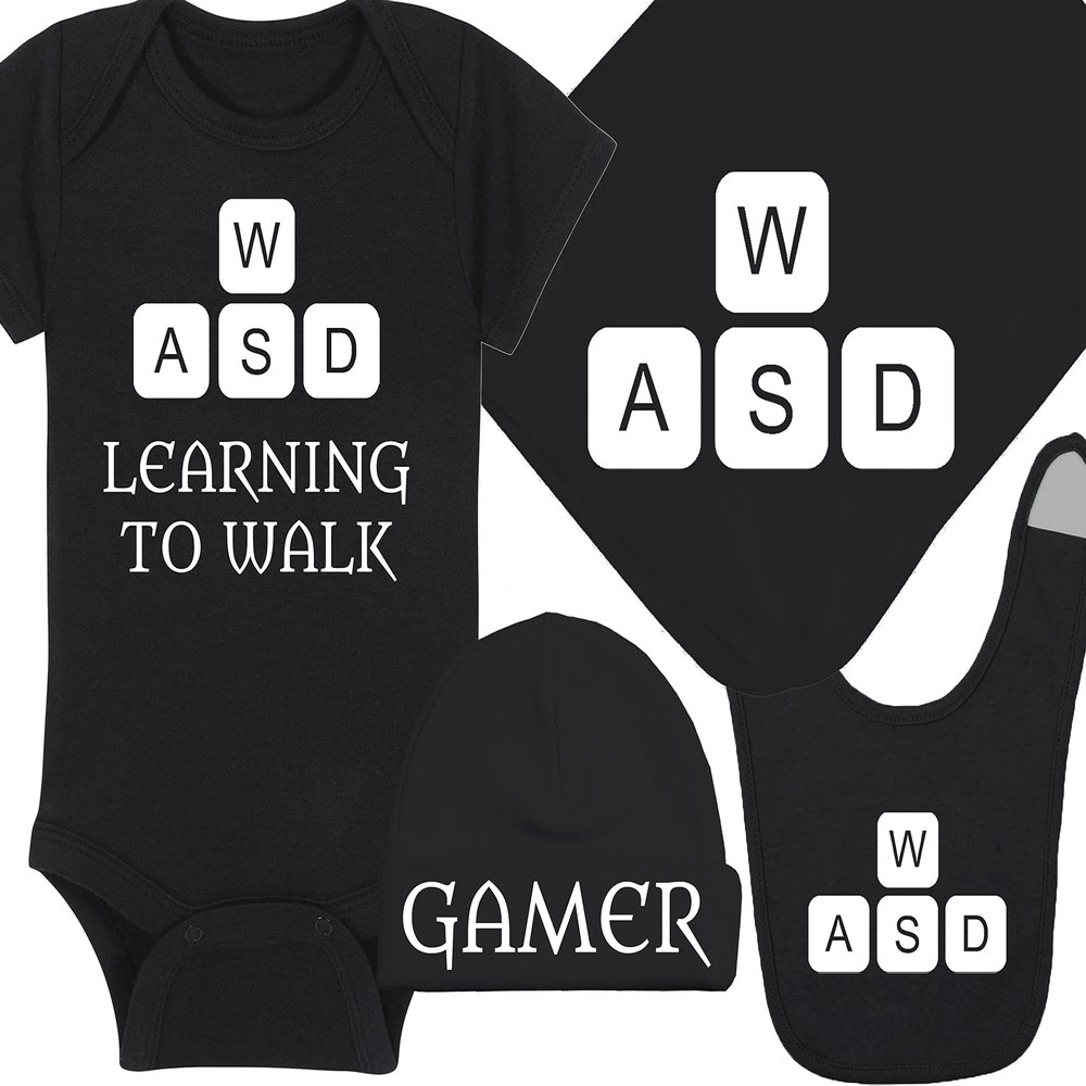 Gaming Baby Onesie and Bib - Learning To Walk WASD - WASD Keys (6-12 Month - Black Fabric - White Design)