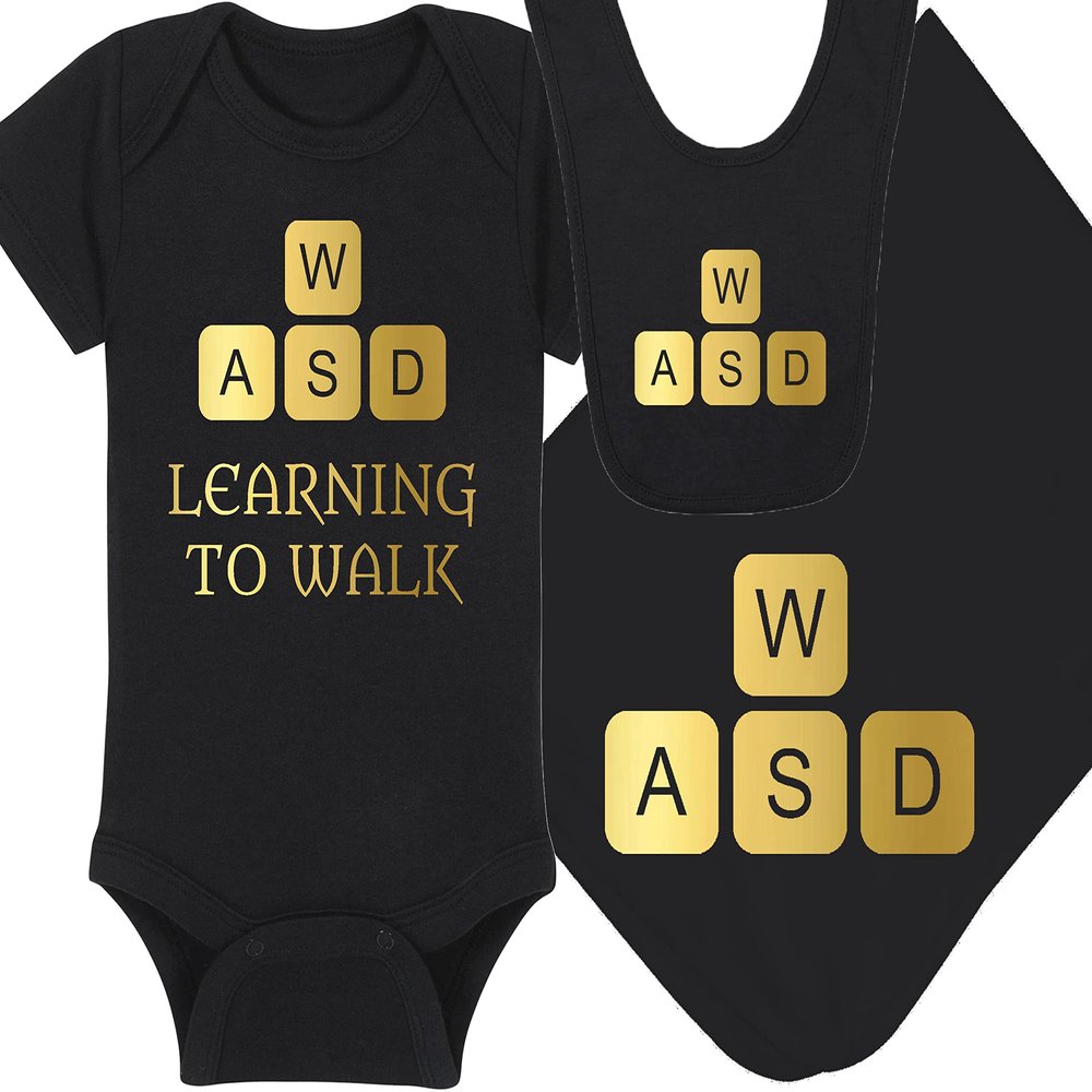 Gaming Baby Onesie and Bib - Learning To Walk WASD - WASD Keys (0-3 Month - Black Fabric - Gold Design)