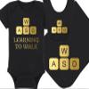 Gaming Baby Onesie and Bib - Learning To Walk WASD - WASD Keys (0-3 Month - Black Fabric - Gold Design) view 1