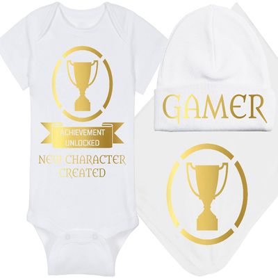 Gaming Baby Onesie and Bib - Achievement Unlocked New Character Created - Achievement Trophy (12-18 Month - White Fabric - Gold Design)