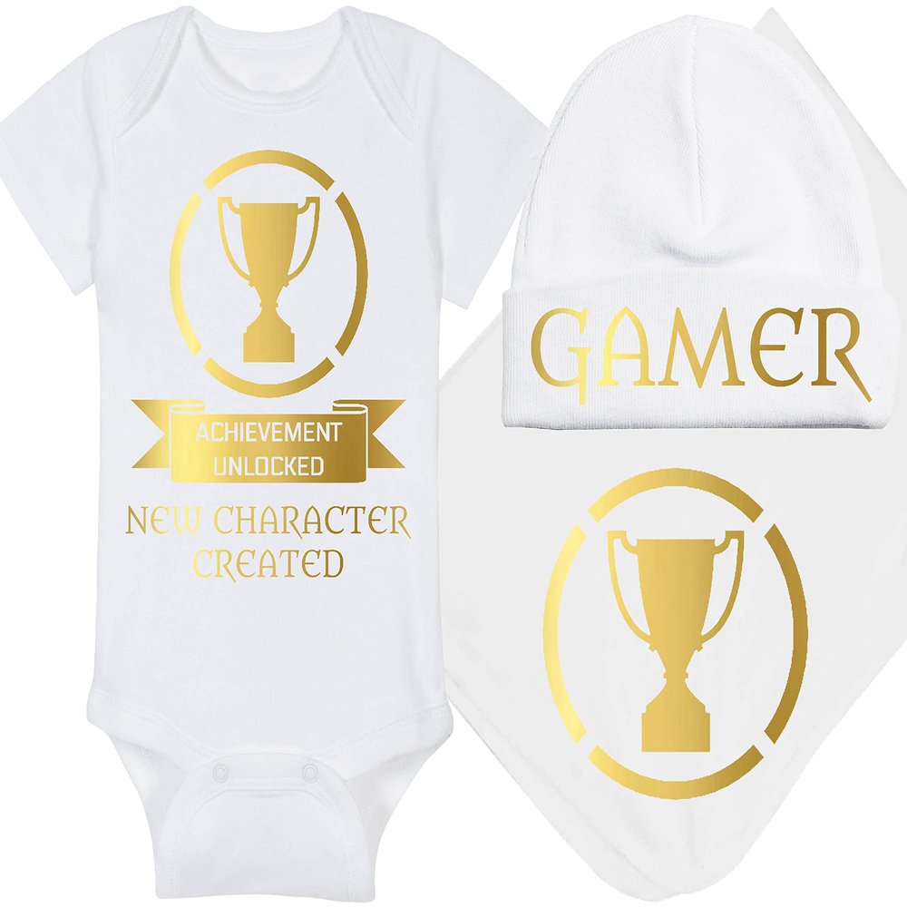Gaming Baby Onesie and Bib - Achievement Unlocked New Character Created - Achievement Trophy (12-18 Month - White Fabric - Gold Design)