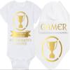 Gaming Baby Onesie and Bib - Achievement Unlocked New Character Created - Achievement Trophy (12-18 Month - White Fabric - Gold Design) view 1