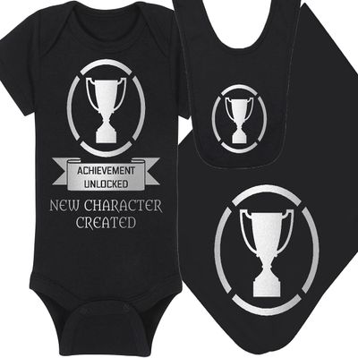 Gaming Baby Onesie - Achievement Unlocked New Character Created (0-3 Month - Black Fabric - Silver Design)