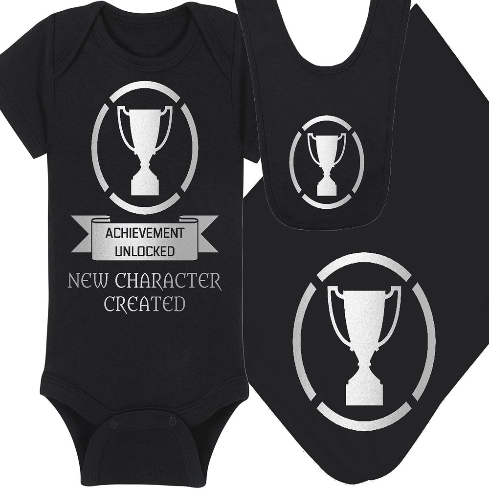 Gaming Baby Onesie - Achievement Unlocked New Character Created (0-3 Month - Black Fabric - Silver Design)