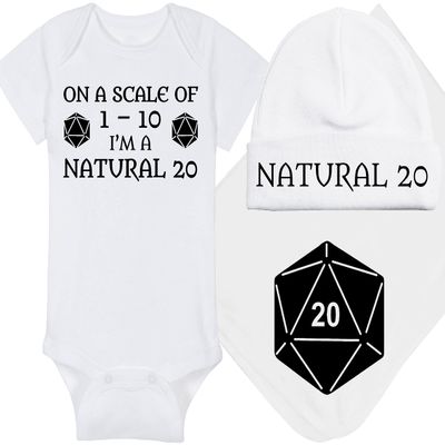 Gaming Baby Onesie - On A Scale Of 1-10 I'm A Natural 20 (0-3 Month - White Fabric - Black Design)