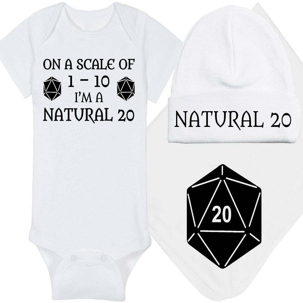 Gaming Baby Onesie - On A Scale Of 1-10 I'm A Natural 20 (0-3 Month - White Fabric - Black Design)