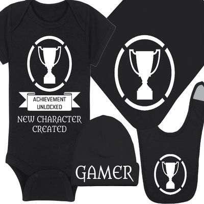 Gaming Baby Onesie and Bib - Achievement Unlocked New Character Created - Achievement Trophy (12-18 Month - Black Fabric - White Design)