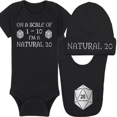 Gaming Baby Onesie and Hat - On A Scale Of 1-10 I'm A Natural 20 - Natural 20 (3-6 Month - Black Fabric - Silver Design)