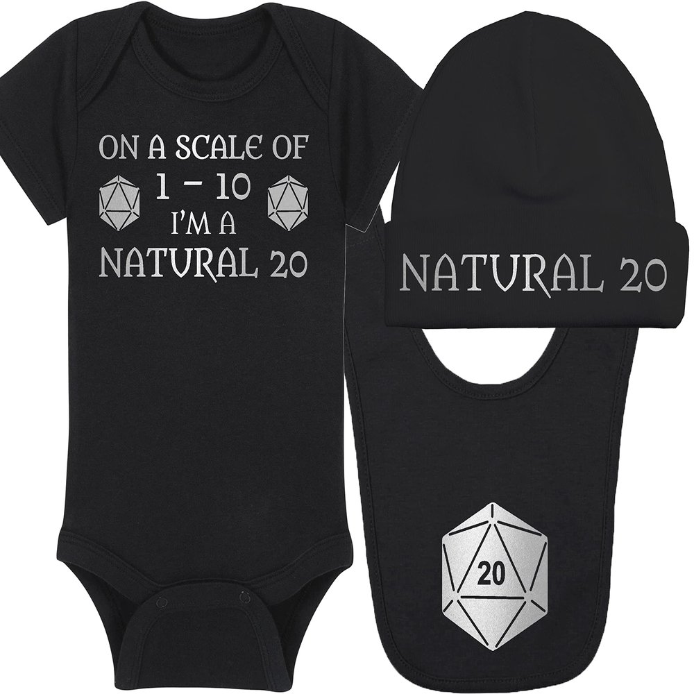 Gaming Baby Onesie and Hat - On A Scale Of 1-10 I'm A Natural 20 - Natural 20 (3-6 Month - Black Fabric - Silver Design)