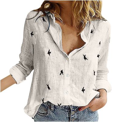 Tops for Women Lapel V Neck Mushroom Print Shirts Summer Cotton Linen Tees Shirts Long Sleeve Button Down Blouses C-White Medium