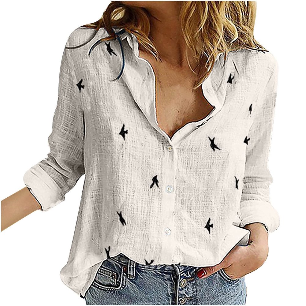 Tops for Women Lapel V Neck Mushroom Print Shirts Summer Cotton Linen Tees Shirts Long Sleeve Button Down Blouses C-White Medium
