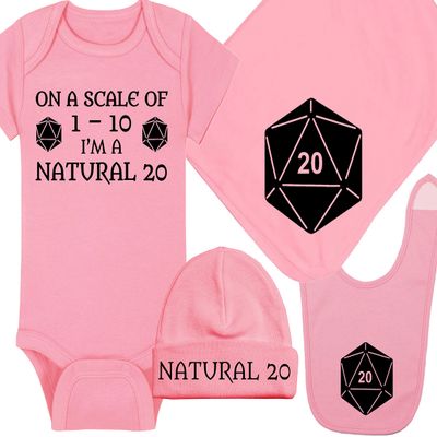 Gaming Baby Onesie and Bib - On A Scale Of 1-10 I'm A Natural 20 - Solid D20 Die (6-12 Month - Pink Fabric - Black Design)
