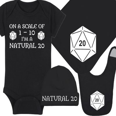 Gaming Baby Onesie and Bib - On A Scale Of 1-10 I'm A Natural 20 - Solid D20 Die (12-18 Month - Black Fabric - White Design)