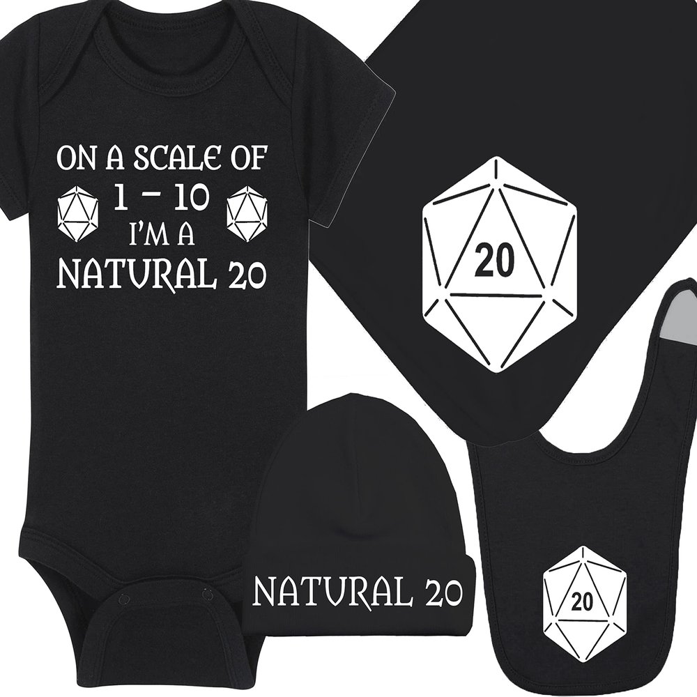 Gaming Baby Onesie and Bib - On A Scale Of 1-10 I'm A Natural 20 - Solid D20 Die (12-18 Month - Black Fabric - White Design)