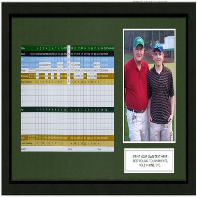 10X16 Black Golf Scorecard Photo Frame with Optional Engraved Plate; Moulding blk-001, NEW Fairway Green Mat (holds up to 6X8 vertical or horizontal scorecard and VERTICAL 4x6 or 5x7 picture); card and photo not included; UPDATED AUG. 2025