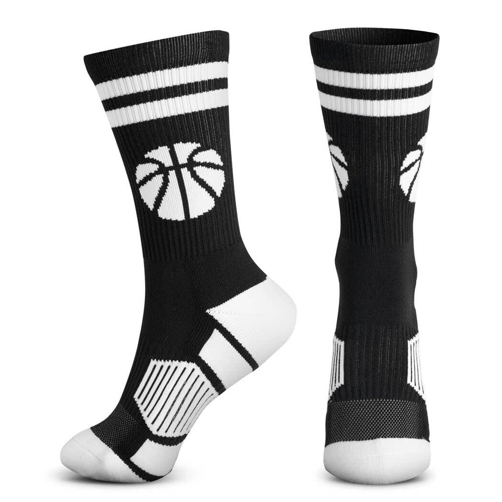ChalkTalkSPORTS Basketball Performance Crew Socks - Classic Stripe & Ball - Black & White - Basketball Mid-Calf Socks - Youth