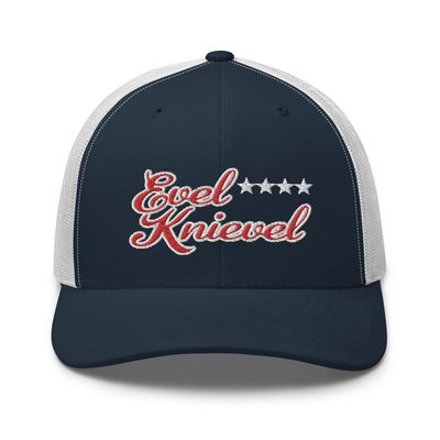 Evel Knievel Vintage Design Trucker Cap - Navy and White with red Stitching and mesh Back.