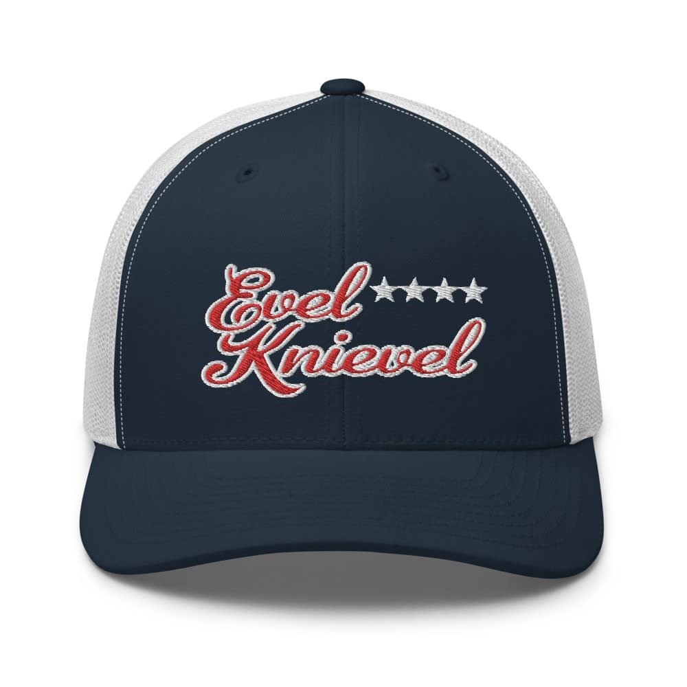 Evel Knievel Vintage Design Trucker Cap - Navy and White with red Stitching and mesh Back.