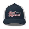 Evel Knievel Vintage Design Trucker Cap - Navy and White with red Stitching and mesh Back. view 1