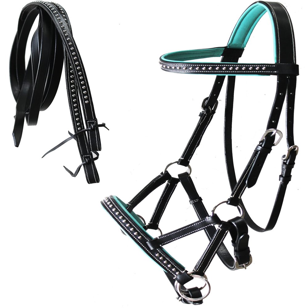 CHALLENGER Horse Western Horse Western English Leather Bitless Sidepull Bridle Reins Turquoise 7708TR-F