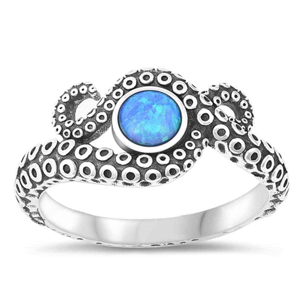 Fun Octopus Blue Simulated Opal Classic Ring New .925 Sterling Silver Band Size 8