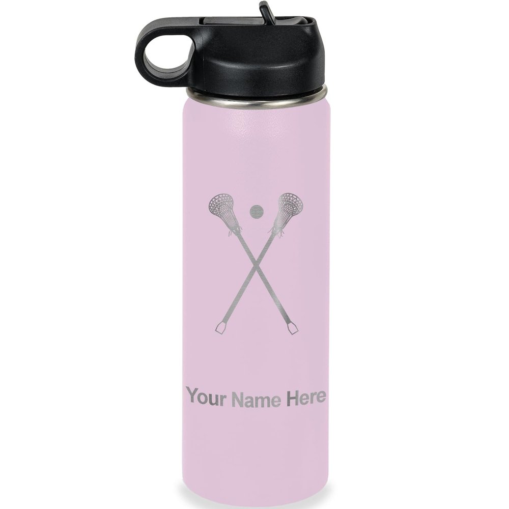 LaserGram Personalized Water Bottle, Lacrosse Sticks, Stainless Steel Double Wall Vacuum Insulated with Flip Top Straw, Custom Engraved Gift (20oz / 590ml Lavender)