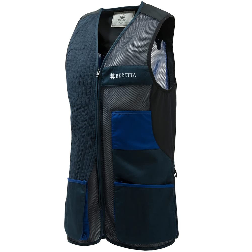 Beretta Men's Uniform Pro 20.20 Breathable Slim Fit Microsuede Patch Front Zip Competition Clay Shooting Mesh Vest with Pockets, Blue Total Eclipse & Blue Royal, XL