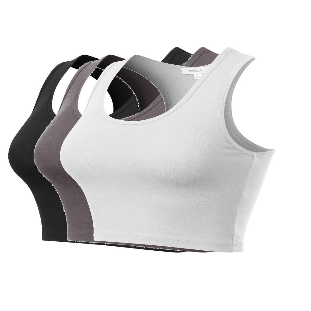 MixMatchy Women's Workout Crop Tank Tops Racerback Running Yoga Tanks Cotton Sleeveless Gym Shirts 3 Pack - Black/White/Ash Grey L