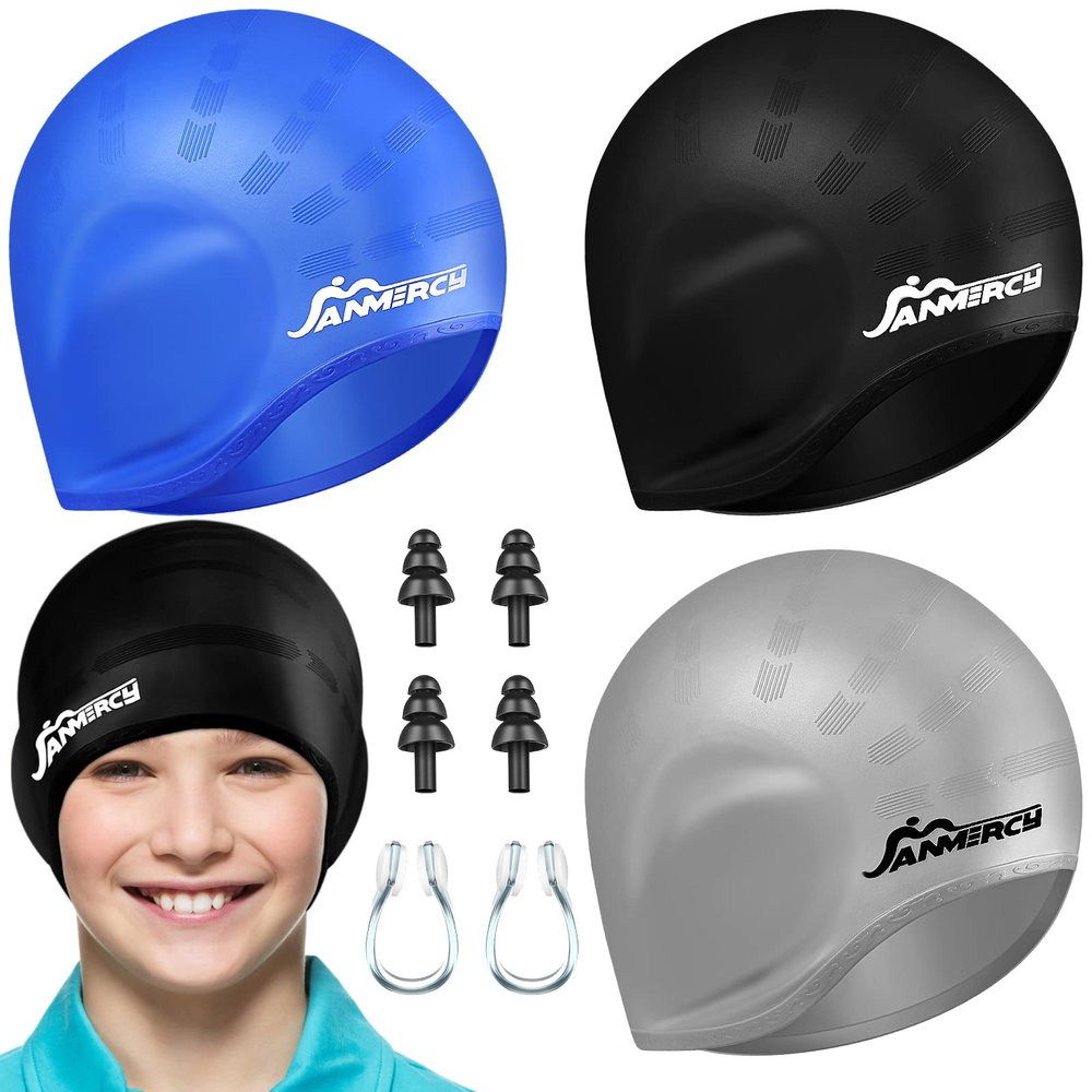 Janmercy 3 Pcs Swim Caps for Boys Girls Silicone Swimming Hat with 3D Ear Pockets for Age 6-15 Bath Hats Short/Long Hair with Ear Plug Nose Clip Supplies(Black, Blue, Grey)