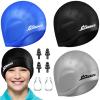 Janmercy 3 Pcs Swim Caps for Boys Girls Silicone Swimming Hat with 3D Ear Pockets for Age 6-15 Bath Hats Short/Long Hair with Ear Plug Nose Clip Supplies(Black, Blue, Grey) view 1