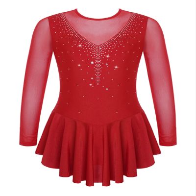 Aislor Girls Figure Roller Ice Skating Dress Long Sleeve Skirted Keyhole Back Leotards Bodysuit Ballerina Dance Dress V6_Burgundy 8 Years