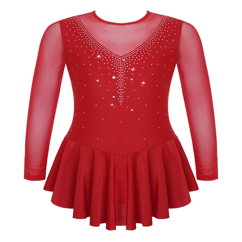 Aislor Girls Figure Roller Ice Skating Dress Long Sleeve Skirted Keyhole Back Leotards Bodysuit Ballerina Dance Dress V6_Burgundy 8 Years
