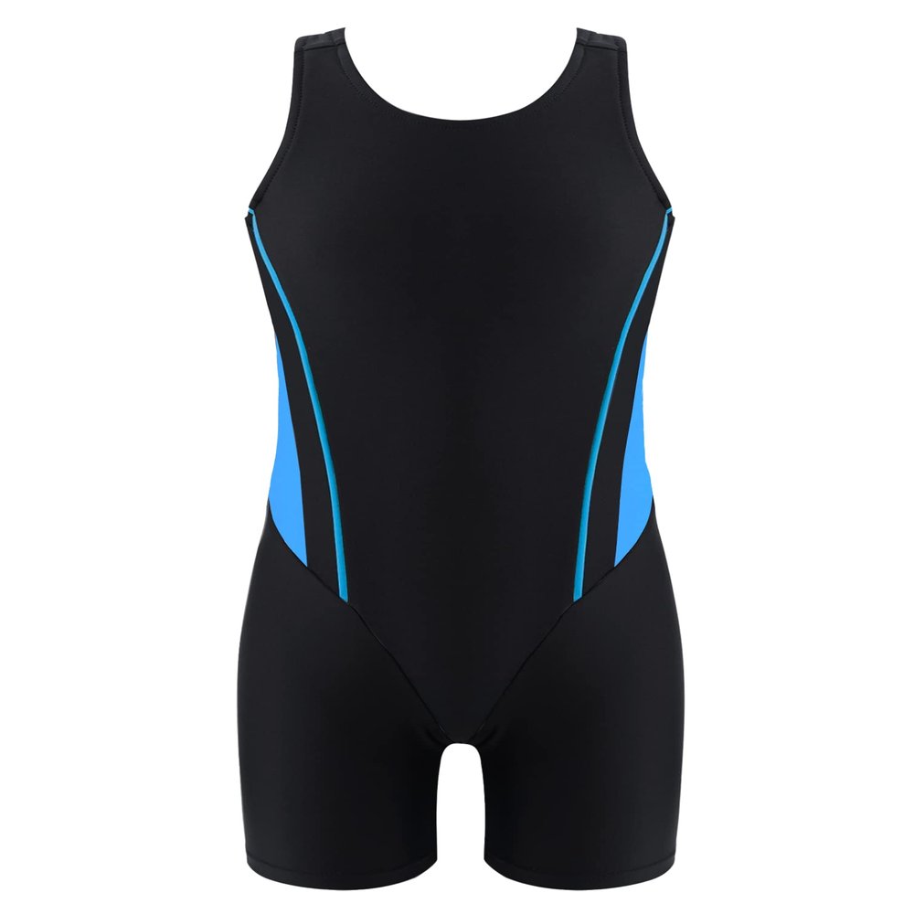 Manyakai Kids Girls One Piece Swimsuit Sleeveless Rash Guards Bathing Suit Sports Swimwear Shorty Wetsuit Blue&Black 16 Years