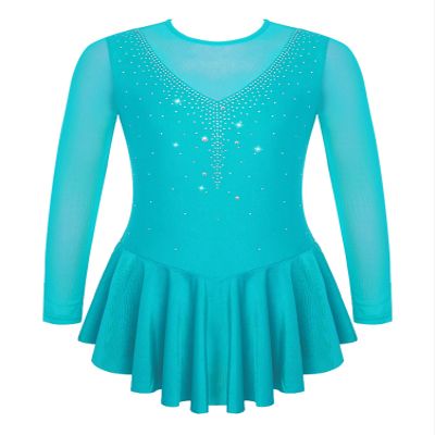 Aislor Girls Figure Roller Ice Skating Dress Long Sleeve Skirted Keyhole Back Leotards Bodysuit Ballerina Dance Dress V6_Lake Green 8 Years