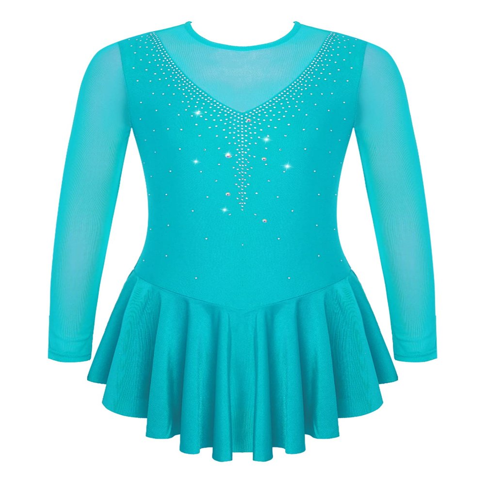 Aislor Girls Figure Roller Ice Skating Dress Long Sleeve Skirted Keyhole Back Leotards Bodysuit Ballerina Dance Dress V6_Lake Green 8 Years