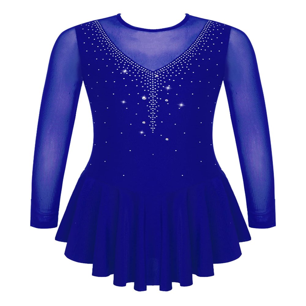 Aislor Girls Figure Roller Ice Skating Dress Long Sleeve Skirted Keyhole Back Leotards Bodysuit Ballerina Dance Dress V6_Royal Blue 12 Years