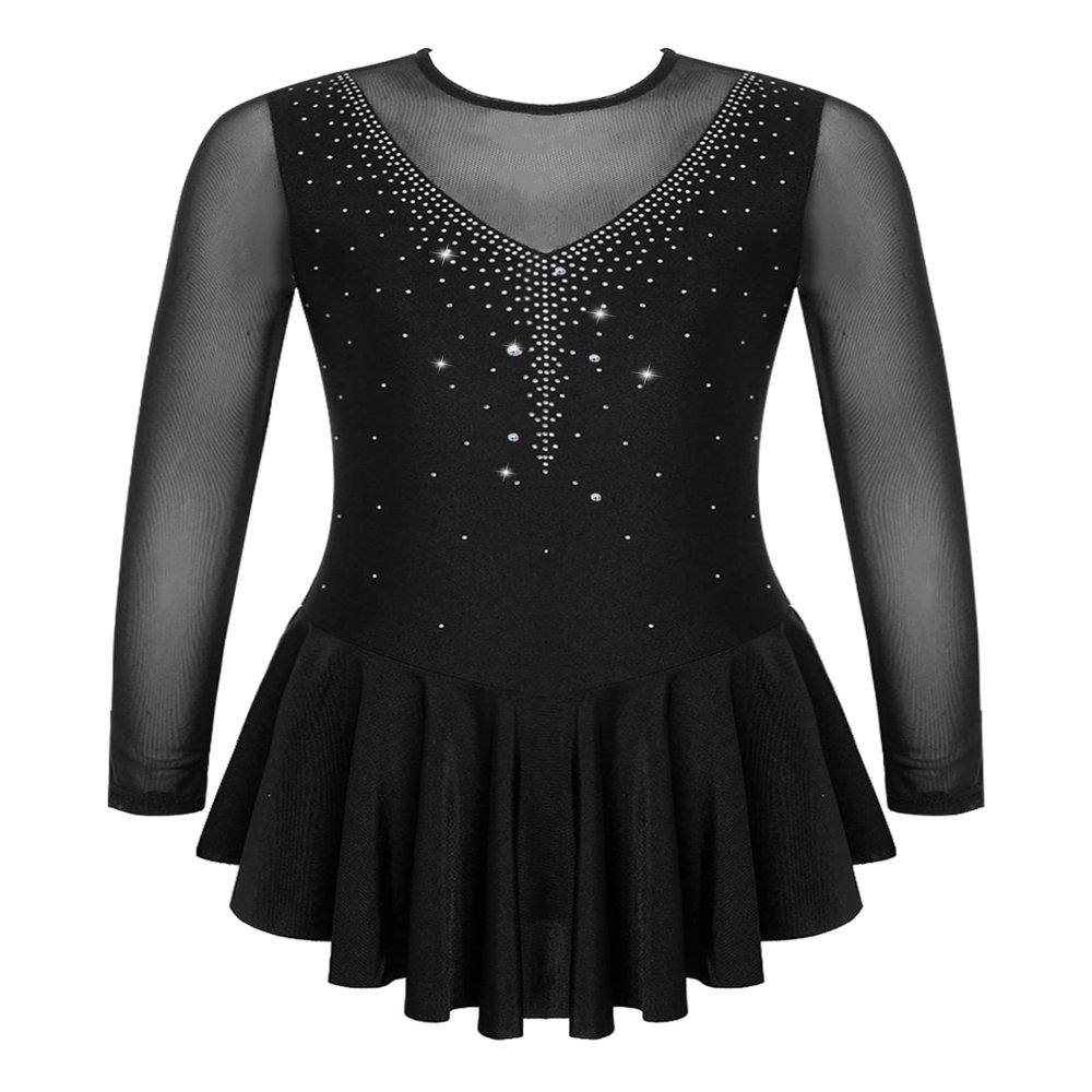 Aislor Girls Figure Roller Ice Skating Dress Long Sleeve Skirted Keyhole Back Leotards Bodysuit Ballerina Dance Dress V6_Black 16 Years