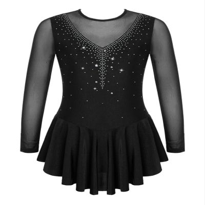 Aislor Girls Figure Roller Ice Skating Dress Long Sleeve Skirted Keyhole Back Leotards Bodysuit Ballerina Dance Dress V6_Black 8 Years