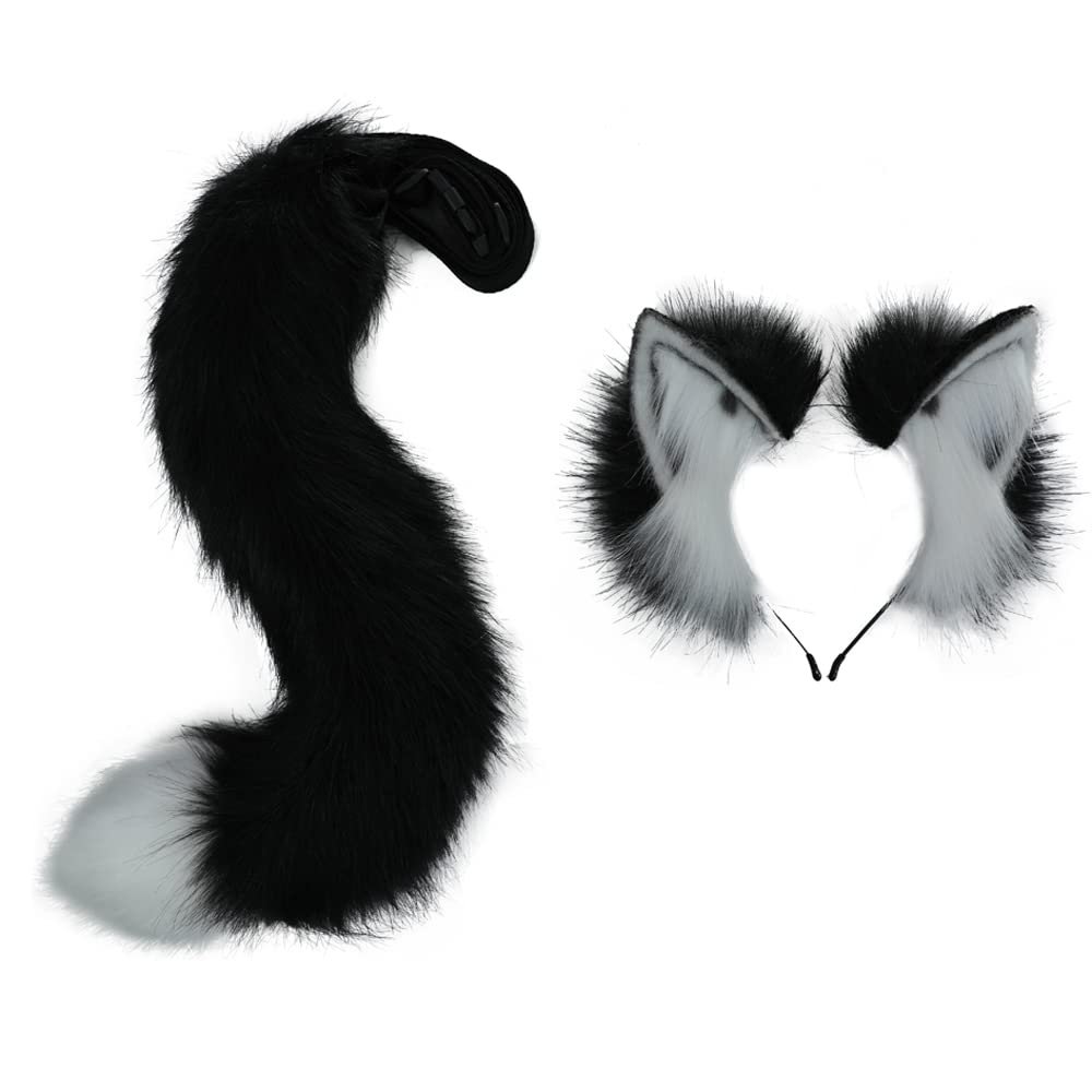VIGVAN Animal Cosplay Ears and Tails - Wolf, Fox, Cat, Raccoon (Black White Ear Tail)