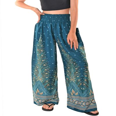 Orient Trail Open Ankle Wide Leg Harem Pants with Pocket - Yoga Flowy Pants for Women Flared Bottom Small Peacock Teal